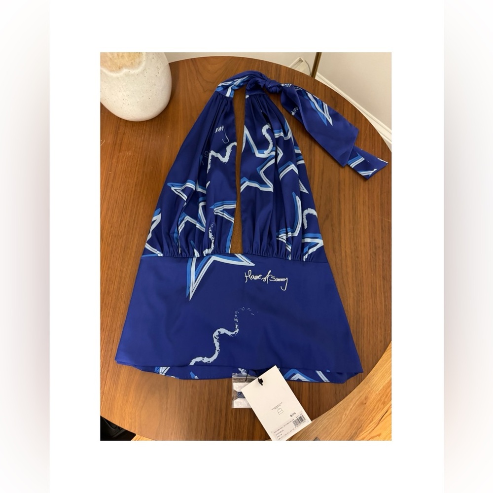 NWT House of Sunny Blue Star Halter Top - Satin - Size 10 UNWORN